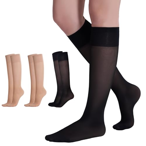 Yilanmy 3 Paar Kniestrümpfe Damen Nylonstrümpfe 40 DEN Kompression Pop Socken(Schwarz, Natur) von Yilanmy