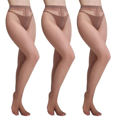 Yilanmy 3 Paar Strumpfhosen Damen 20 DEN Transparente Feinstrumpfhose, Hohe Taille T-Crotch Pantyhose (Braun,L-XL) von Yilanmy