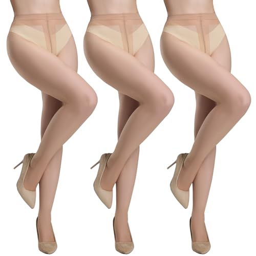 Yilanmy 3 Paar Strumpfhosen Damen 20 DEN Transparente Feinstrumpfhose, Hohe Taille T-Crotch Pantyhose (Hautfarben,L-XL) von Yilanmy