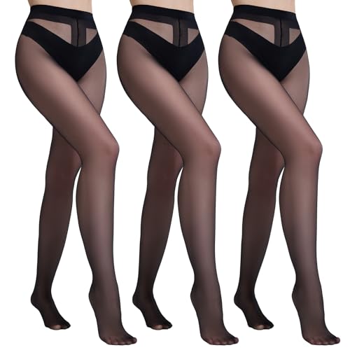 Yilanmy 3 Paar Strumpfhosen Damen 20 DEN Transparente Feinstrumpfhose, Hohe Taille T-Crotch Pantyhose (Schwarz,L-XL) von Yilanmy