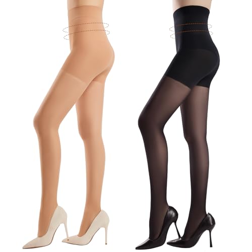 Yilanmy Bauchweg Strumpfhosen für Damen 30D Transparente Feinstrumpfhose Hoher Taille Figurformende Stützstrumpfhose (Schwarz+Hautfarbe, M) von Yilanmy