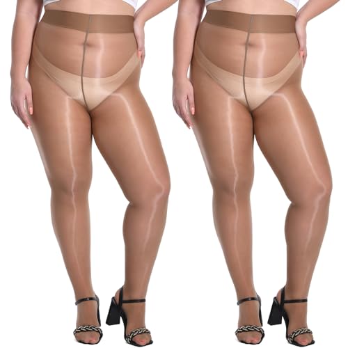 Yilanmy Damen Glänzende Strumpfhose Große Größen Sexy Öl Glanz Strumpfhosen 15 Denier Feinstrumpfhose Ultradünne-Braun*2 Paare,3XL/4XL von Yilanmy