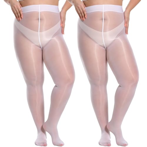 Yilanmy Damen Glänzende Strumpfhose Große Größen Sexy Öl Glanz Strumpfhosen 15 Denier Feinstrumpfhose Ultradünne-Weiß*2 Paare,3XL/4XL von Yilanmy