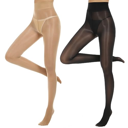 Yilanmy Damen Glänzende Strumpfhose Sexy Öl Glanz Strumpfhosen 15 Denier Hohe Taille Feinstrumpfhose Ultradünne-Schwarz*1+Hautfarbe*1, L/XL von Yilanmy