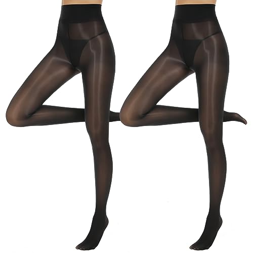 Yilanmy Damen Glänzende Strumpfhose Sexy Öl Glanz Strumpfhosen 15 Denier Hohe Taille Feinstrumpfhose Ultradünne-Schwarz*2 Paare, L/XL von Yilanmy