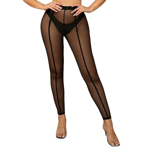 Yilanmy Damen Sexy Durchsichtige Mesh Leggings Hohe Taille Stretchy Netz Leggings Strumpfhosen Transparente Gestreifte Lange Hosen (L) von Yilanmy