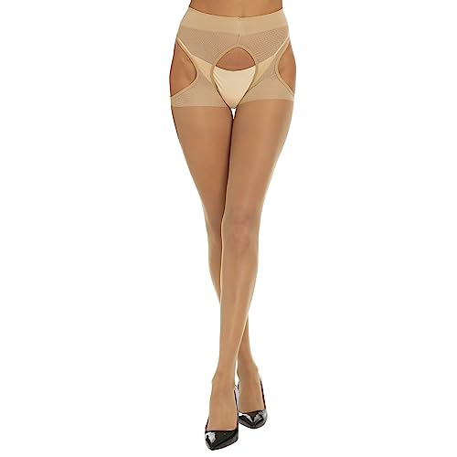 Yilanmy Damen Strapsstrumpfhose Schwarz Offen im Schritt Strumpfhose 15 Den Ouvert Strapsstrümpfe (Hautfarben,L/XL) von Yilanmy