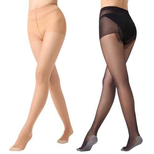 Yilanmy Damen Strumpfhosen Seiden 10 DEN Transparent Reißfest NylonStrumpfhosen Rutschfester Innensohle Strumpfhosen Schwarz Hautfarben Feinstrumpfhose 2 Paar (Schwarz*1+Hautfarbe*1, S-M) von Yilanmy