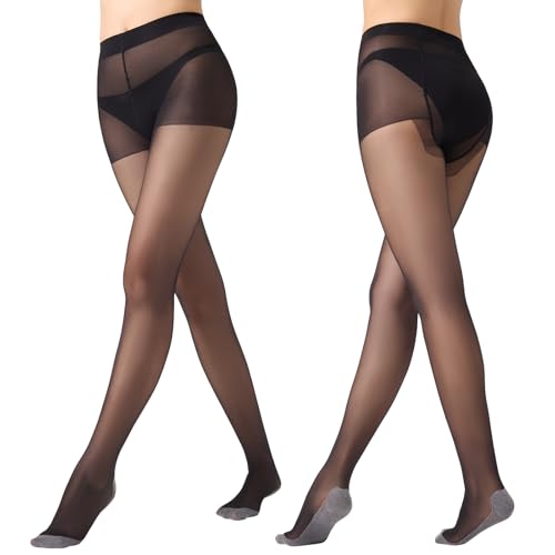 Yilanmy Damen Strumpfhosen Seiden 10 DEN Transparent Reißfest NylonStrumpfhosen Rutschfester Innensohle Strumpfhosen Schwarz Hautfarben Feinstrumpfhose 2 Paar (Schwarz*2, L-XL) von Yilanmy