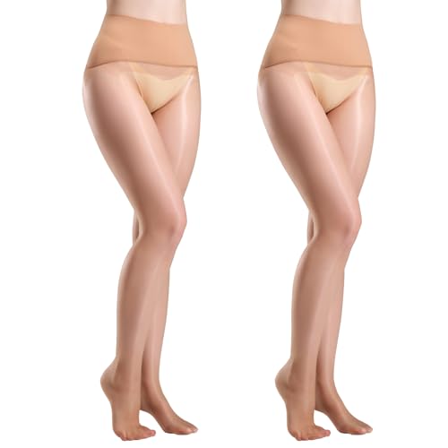 Yilanmy Glänzende Strumpfhosen Damen 20 Den Nahtlose Strumpfhosen Ohne Naht Trasparente Ölige Glanz Feinstrumpfhose (Hautfarben*2, L) von Yilanmy