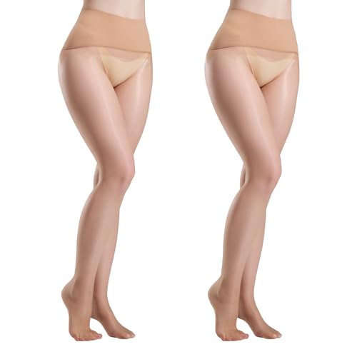 Yilanmy Glänzende Strumpfhose Damen 20 Den Trasparente Nahtlose Strumpfhosen Ohne Naht Ölige Glanz Feinstrumpfhose (Hautfarben*2, M) von Yilanmy