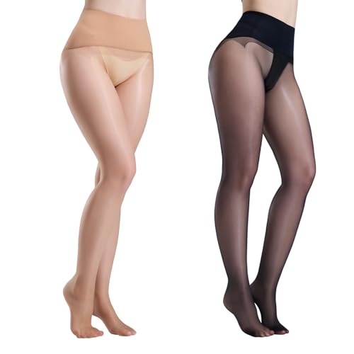 Yilanmy Glänzende Strumpfhose Damen 20 Den Trasparente Nahtlose Strumpfhosen Ohne Naht Ölige Glanz Feinstrumpfhose (Schwarz*1+Hautfarben*1, S) von Yilanmy