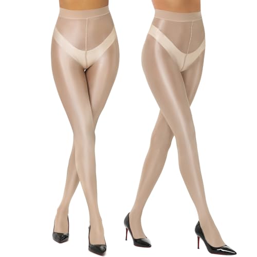 Yilanmy Glänzende Strumpfhose Damen Sexy Öl Glanz Tanzstrumpfhose Seidenglatt Feinstrumpfhose Reißfest Hohe Taille Ultradünne 2 Paar（Farbe，L-XL） von Yilanmy