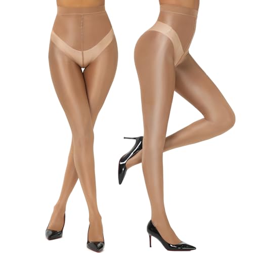 Yilanmy Glänzende Strumpfhose Damen Sexy Öl Glanz Tanzstrumpfhose Seidenglatt Feinstrumpfhose Reißfest Hohe Taille Ultradünne 2 Paar（Braun，S-M） von Yilanmy