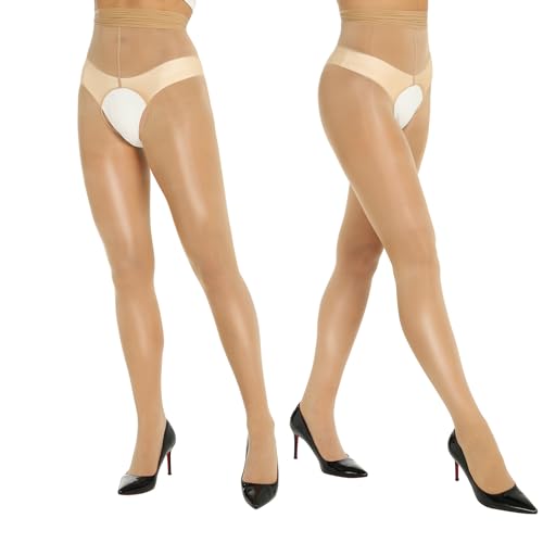 Yilanmy Glanz Strumpfhose Ouvert Für Damen Sexy Strumpfhose Offen Schritt Glänzend Tanzstrumpfhose 2 Paar (Natürliche, L-XL) von Yilanmy