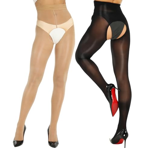 Yilanmy Glanz Strumpfhose Ouvert Für Damen Sexy Strumpfhose Offen Schritt Glänzend Tanzstrumpfhose 2 Paar (Schwarz+Natürliche, S-M) von Yilanmy