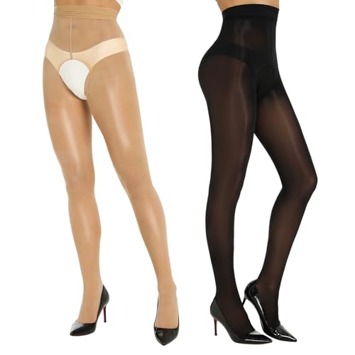 Yilanmy Glanz Strumpfhose Für Damen Glänzende Strumpfhose Offen Schritt Tanzstrumpfhose 2 Paar(Schwarz+Natürliche, S-M) von Yilanmy
