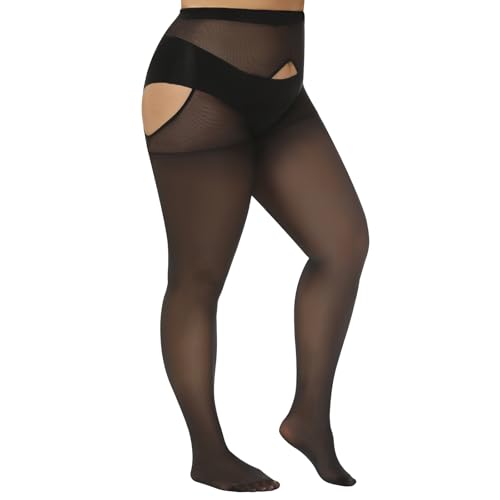 Yilanmy Große Größen Strapsstrumpfhose für Damen 40 Denier Offener Schritt Strumpfhosen in Übergröße Nylon Strapsstrümpfe(Schwarz, 3XL-4XL) von Yilanmy