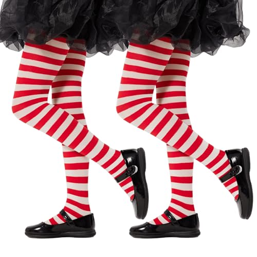Yilanmy Mädchen Strumpfhose Gestreift Kinderstrumpfhose Streifenlook Blickdichte Bunte Strumpfhose Kinder für Halloween Weihnachten (Rot + Weiß, L) von Yilanmy
