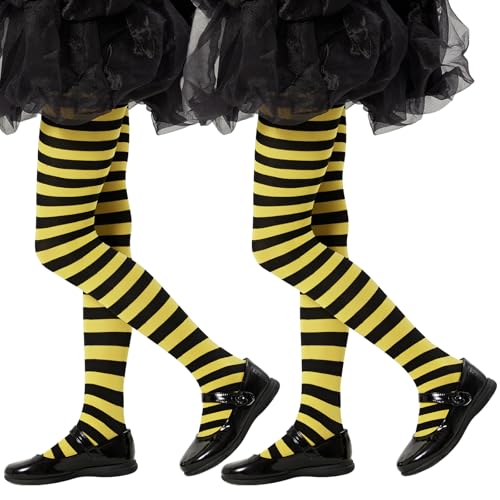 Yilanmy Mädchen Strumpfhose Gestreift Kinderstrumpfhose Streifenlook Blickdichte Bunte Strumpfhose Kinder für Halloween Weihnachten (Schwarz + Gelb, S) von Yilanmy