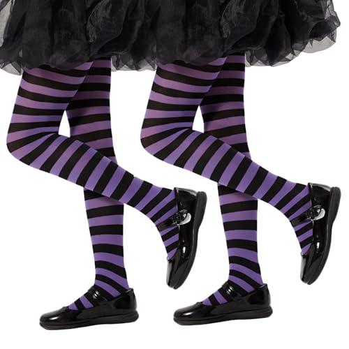 Yilanmy Mädchen Strumpfhose Gestreift Kinderstrumpfhose Streifenlook Blickdichte Bunte Strumpfhose Kinder für Halloween Weihnachten (Schwarz + Lila, L) von Yilanmy