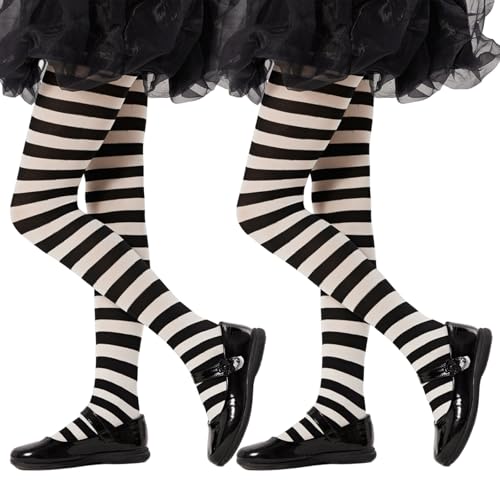 Yilanmy Mädchen Strumpfhose Gestreift Kinderstrumpfhose Streifenlook Blickdichte Bunte Strumpfhose Kinder für Halloween Weihnachten (Schwarz + Weiß, L) von Yilanmy