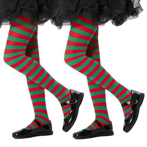 Yilanmy Mädchen Strumpfhose Gestreift Kinderstrumpfhose Streifenlook Blickdichte Bunte Strumpfhose Kinder für Halloween Weihnachten (Rot + Grün, S) von Yilanmy