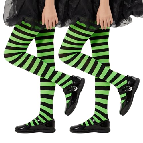Yilanmy Mädchen Strumpfhose Gestreift Kinderstrumpfhose Streifenlook Blickdichte Bunte Strumpfhose Kinder für Halloween Weihnachten (Schwarz + Grün, M) von Yilanmy