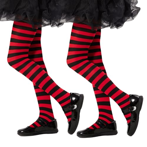 Yilanmy Mädchen Strumpfhose Gestreift Kinderstrumpfhose Streifenlook Blickdichte Bunte Strumpfhose Kinder für Halloween Weihnachten (Schwarz + Rot, S) von Yilanmy