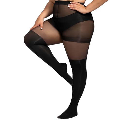 Yilanmy Overknee Strumpfhose Damen Große Größen Schwarz Blickdichte Curvy Strumpfhosen mit Overknees Strümpfe Optik 15-60DEN (Schwarz,XL-XXL) von Yilanmy