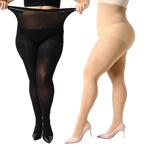 Yilanmy Strumpfhose Damen Größen Große 2 Paar 70 DEN Blickdichte Übergröße Nylonstrumpfhose (3XL-1 Paar Schwarz + 1 Paar Hautfarben) von Yilanmy