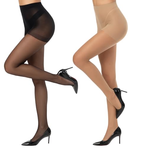 Yilanmy Strumpfhosen Damen 15 DEN Transparent Reißfest Strumpfhose Hohe Taille Komfortbund Feinstrumpfhose Nylon Seidenstrumpfhosen 2 Paar (Schwarz*1+Hautfarben*1, XL) von Yilanmy