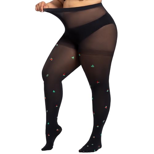 Yilanmy Christmas Tights Women's Large Sizes Stockings with Printed Pattern Black Tights High Waist Christmas Elements Leggings for Party von Yilanmy