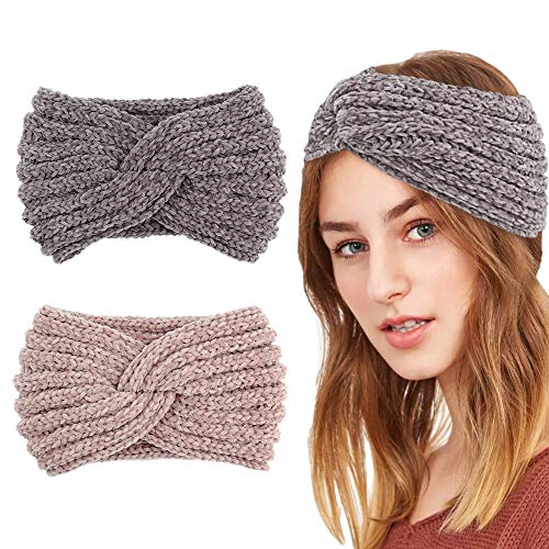 2 Pcs Strick Stirnband Damen,Stirnbänder Strick Winter Kopfband Haarband Ohrenwärmer Elastische Headband Verdicken Haarbänder Kopfband für Mädchen(Grau+Pink) von YiliYa