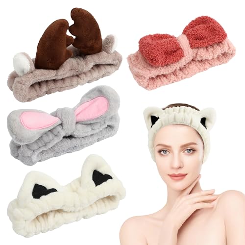 4 Stück Haarband Schminken, Damen Make-Up Haarband, Elastische Korallen Fleece Spa Haarbänder, Hasenohren für Beauty Waschen Gesicht Spa Yoga von YiliYa