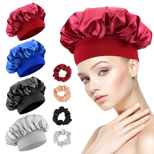 YiliYa 4 Stück Seidenhaube zum Schlafen,Schlafhaube Seide Satin Haarhaube und 4 Scrunchies Satin Atmungsaktive Haarhaube für die Nacht Weiche Silk Bonnet Schlafmütze für Damen Mädchen von YiliYa