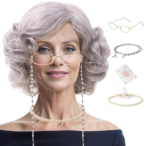 4PCS Oma Kostüm Set mit grauer Curly Perücke, Perlenkette, Brille mit Ketten- und Perückenkappe für das 100. Tagen Schul -Cosplay von Yililay