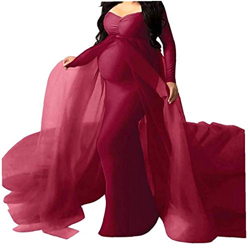 Yililay Umstandskleid Frauen-Spitze Langarm Fotografie Kleid Frauen Schwangere Mutter schleppendes Kleid Claret 2XL von Yililay