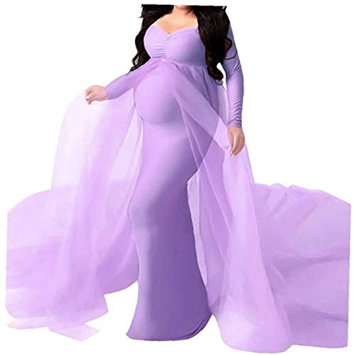Yililay Umstandskleid Frauen-Spitze Langarm Fotografie Kleid Frauen Schwangere Mutter schleppendes Kleid Hellpurpurnes M von Yililay