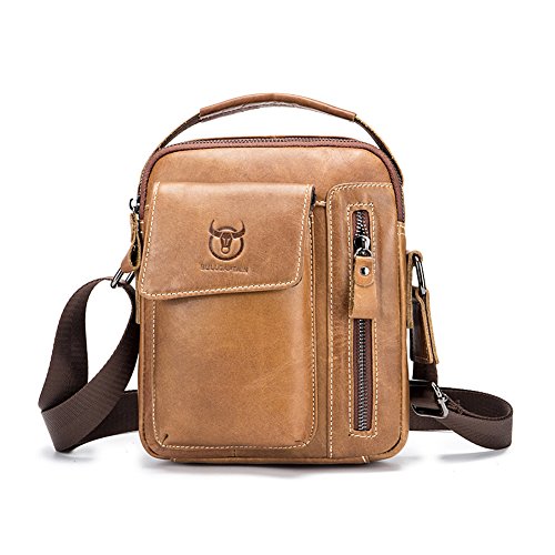 Yimidear Herren Tasche Kleine Leder Schultertasche Umhängetasche Handtasche Messenger bag mit Top Griff für Business Casual Sport Wandern (Gelb Braun) von Yimidear