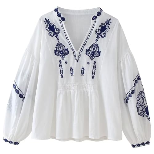 Yimoon Damen Blumen Bestickt Shirt Boho Puff Langarm V-Ausschnitt Bluse Casual Lose Sommer Trendy Tunika Top(Weiß-S), Small, Weiss/opulenter Garten, Klein von Yimoon