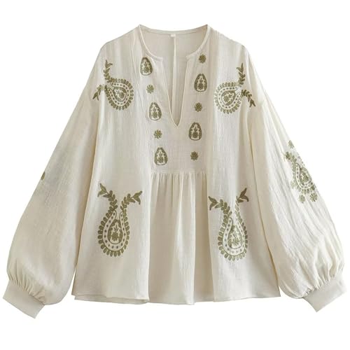 Yimoon Damen Blumen Bestickt Shirt Boho Puff Langarm V Ausschnitt Bluse Casual Lose Sommer Trendy Tunika Top, aprikose, X-Small von Yimoon