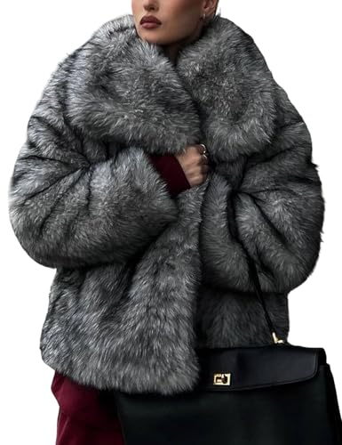 Yimoon Damen Cropped Kunstpelz Jacke Revers Open Front Shaggy Pelzmantel 2024 Winter Warm Flauschig Mantel, GRAU, M von Yimoon