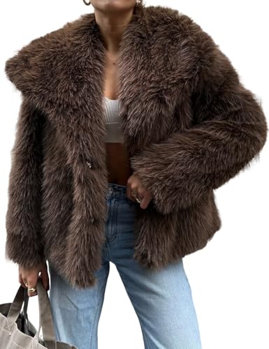 Yimoon Damen Cropped Kunstpelz Jacke Revers Open Front Shaggy Pelzmantel 2024 Winter Warm Flauschig Mantel, Kaffee, S von Yimoon