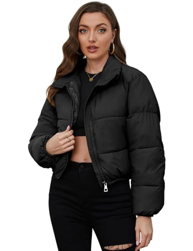 Yimoon Damen Cropped Puffer Jacke Gesteppt Leichte Stehkragen Full Zip Kurze Daunenjacke, Schwarz, L von Yimoon