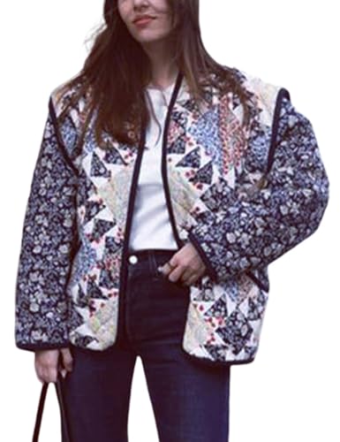 Yimoon Damen Cropped Puffer Jacke Vintage Blumendruck Open Front Leichte Kurze Jacke Outwear, 01blue, M von Yimoon