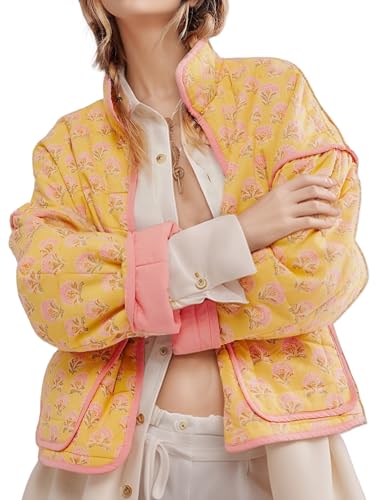 Yimoon Damen Cropped Puffer Steppjacke Vintage Blumendruck Offene Vorderseite Leichte Kurze Jacke Outwear, Gelbblumen, XS von Yimoon