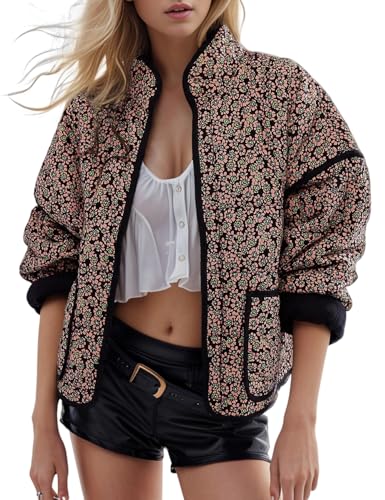 Yimoon Damen Cropped Puffer Steppjacke Vintage Blumendruck Offene Vorderseite Leichte Kurze Jacke Outwear, Grünblumen, XS von Yimoon
