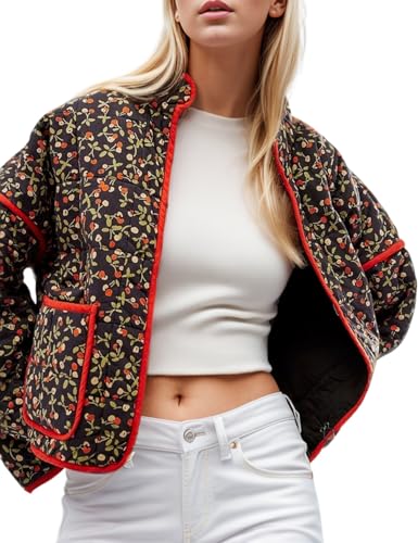 Yimoon Damen Cropped Puffer Steppjacke Vintage Blumendruck Offene Vorderseite Leichte Kurze Jacke Outwear, 01black, M von Yimoon