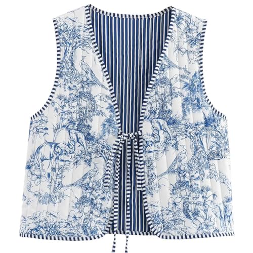 Yimoon Damen Cropped Steppweste Floral Printed Puffer Weste Leichte Ärmellose Krawatte Front Gepolsterte Weste Outwear, Blau, Medium von Yimoon